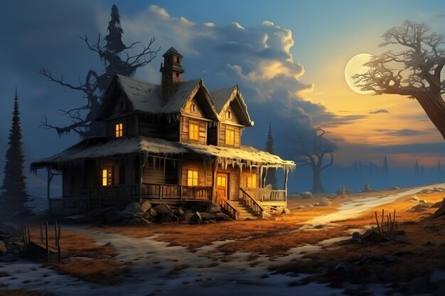 House on sea with a moon