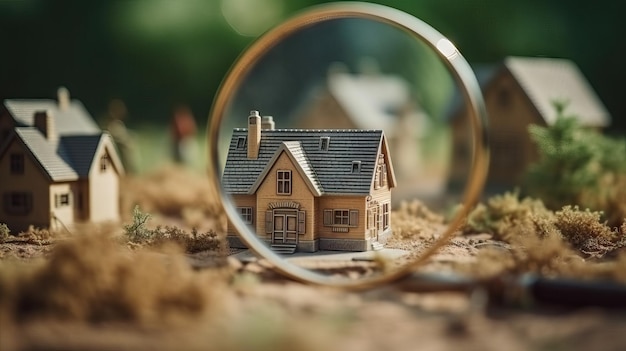 House search conceptMagnifying glass is looking at the wooden houses state of market Investments