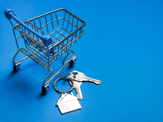 House shape keys with trolley against blue background. buying house or listing property concept