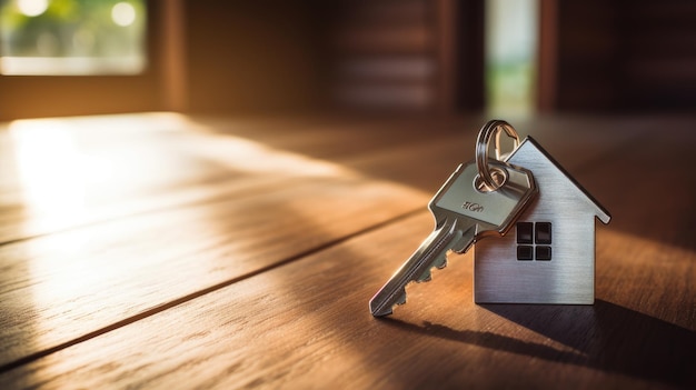 Photo house shaped keychain on wooden table in sunlight