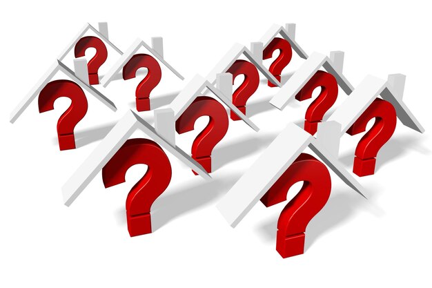 Photo house shapes and question mark signs problem concept 3d illustration