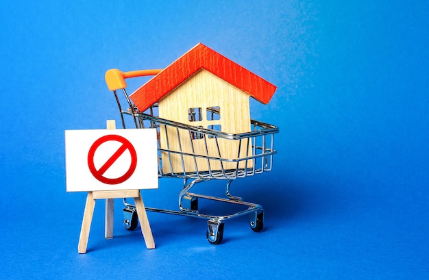 Foto casa in un carrello della spesa e un cavalletto con un segno di proibizione rossa senza inaccessibilità