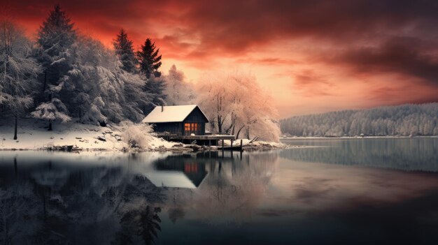 a house on the shore of a lake under a cloudy sky