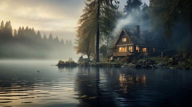 A house on the shore of a lake at sunrise