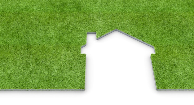 House silhouette made in green grass on white background. house concept. 3d render