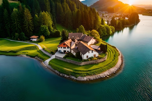 A house sits on a lake surrounded by trees and mountains.