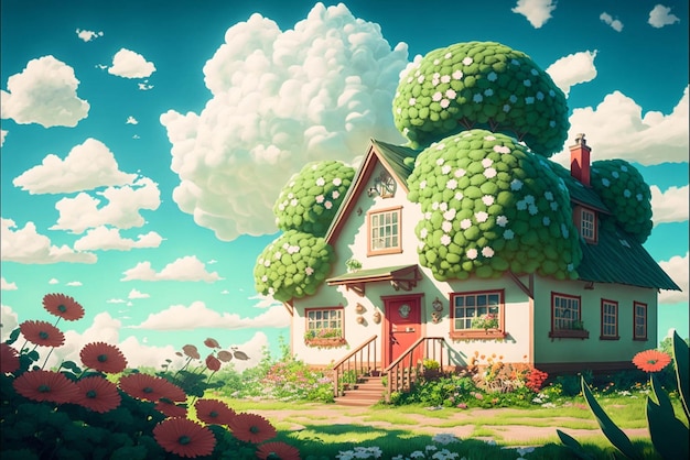 House sitting on top of a lush green field generative ai