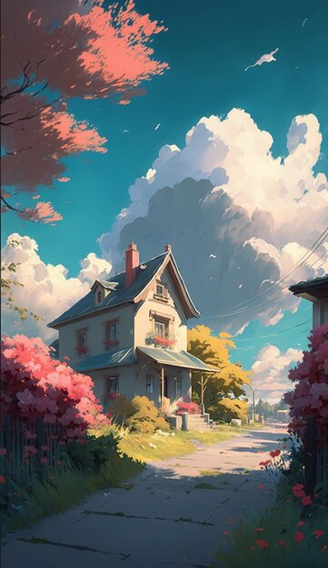 A house in the sky with clouds