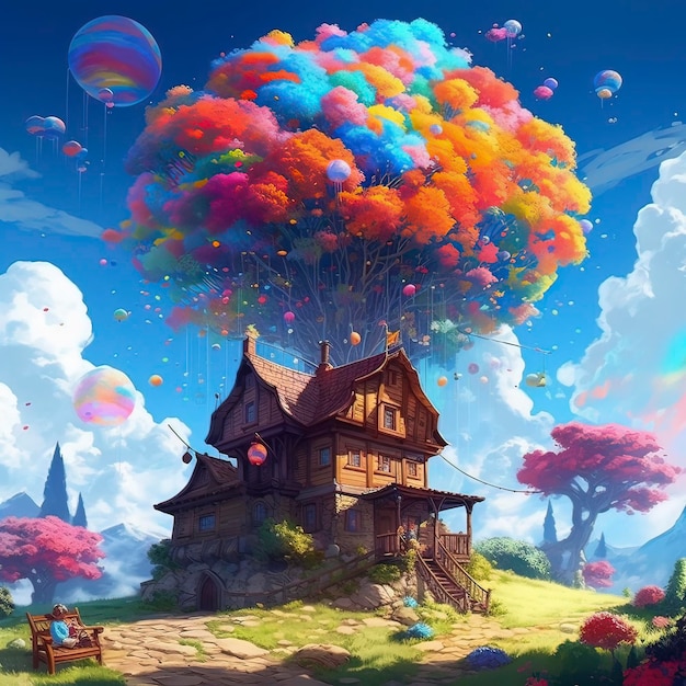 A house in the sky with a colorful balloon floating above it.