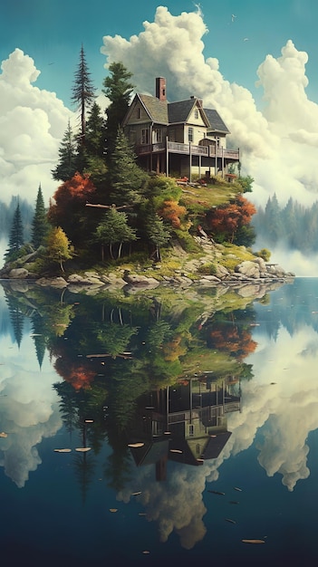 A house on a small island with a lake in the background.