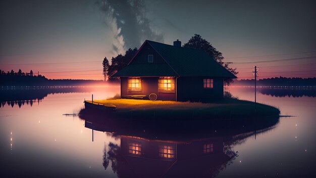 Photo house on a small island with a lake in the background