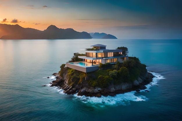 A house on a small island with a pool in the middle of the ocean.