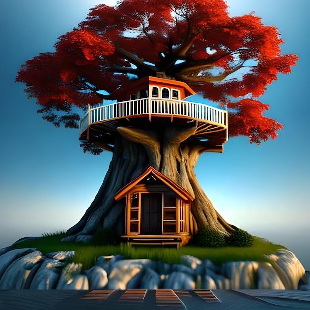 Photo a house on a small island with a tree house on top of it