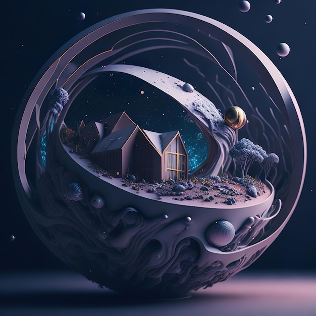 House on a small planet with dark background