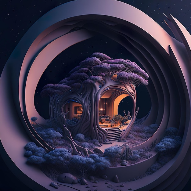 House on a small planet with dark background