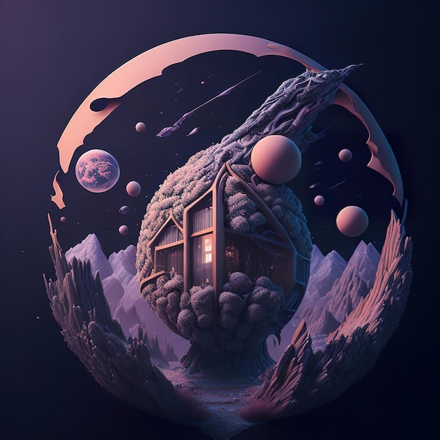 House on a small planet with dark background