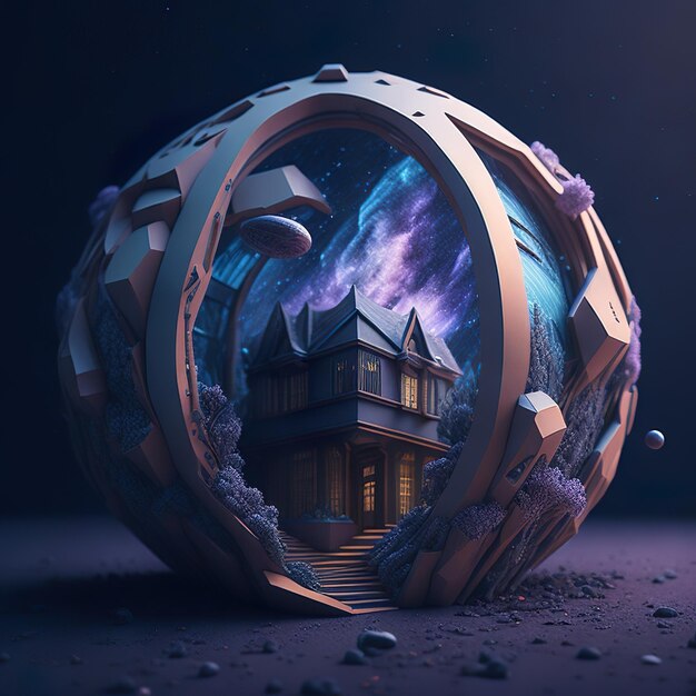 House on a small planet with dark background