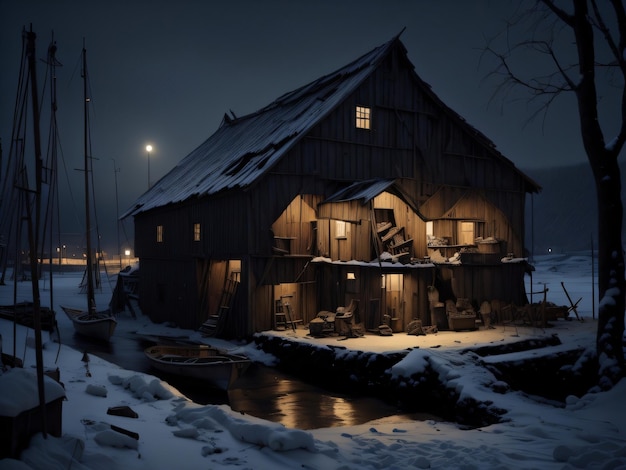 Photo a house in the snow at night