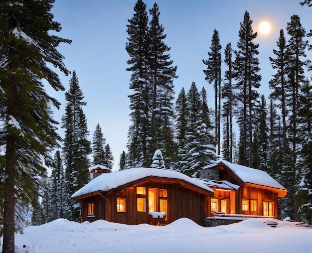 冬の雪の家 雪に覆われた木々のある美しい冬の風景