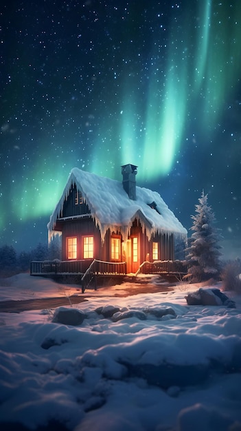 A house in the snow with the aurora borealis above it.