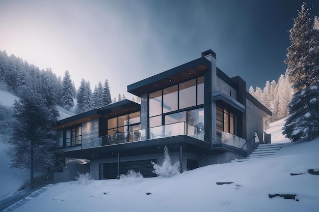 A house in the snow with a balcony and a staircase.