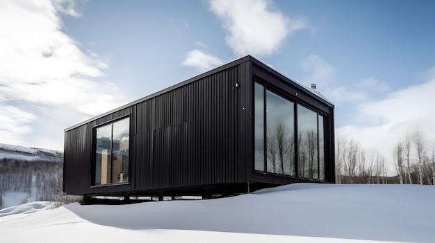 A house in the snow with a blue sky in the background