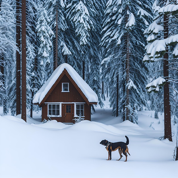 A house in the snow with a dog in front of it