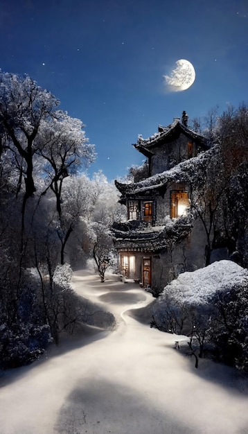 Chinese House Night Moon Scenery 4K Wallpaper iPhone HD Phone #8371m