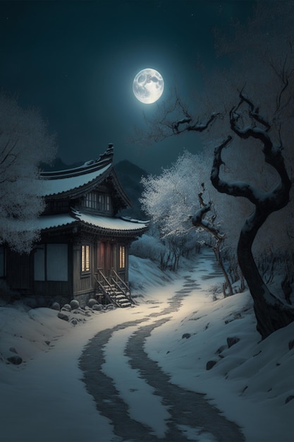 Chinese House Night Moon Scenery 4K Wallpaper iPhone HD Phone #8381m