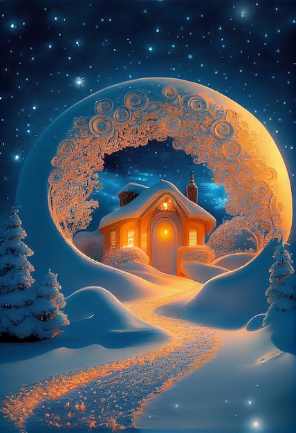 House in the snow with a full moon in the background generative ai