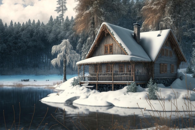 A house in the snow with a lake in the background