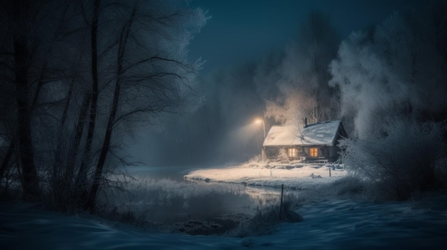 A house in the snow with a light on the roof