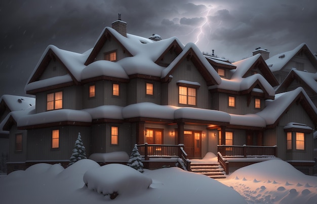 A house in the snow with a light on the roof