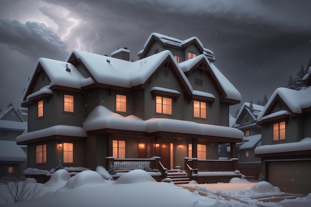 A house in the snow with a lightning bolt in the background