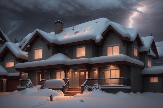 A house in the snow with a lightning bolt on the roof