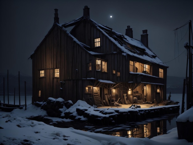 Photo a house in the snow with the lights on