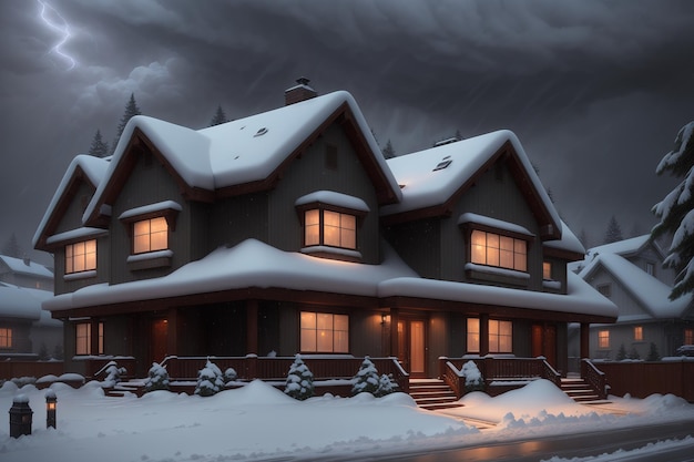 A house in the snow with the lights on