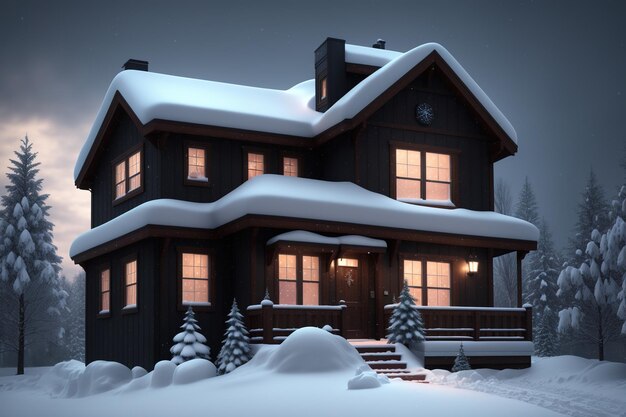 A house in the snow with the lights on