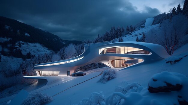 A house in the snow with the lights on