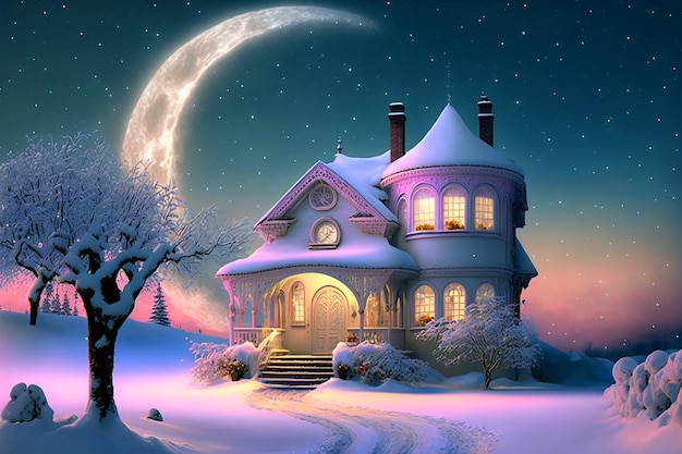 A house in the snow with a moon behind it