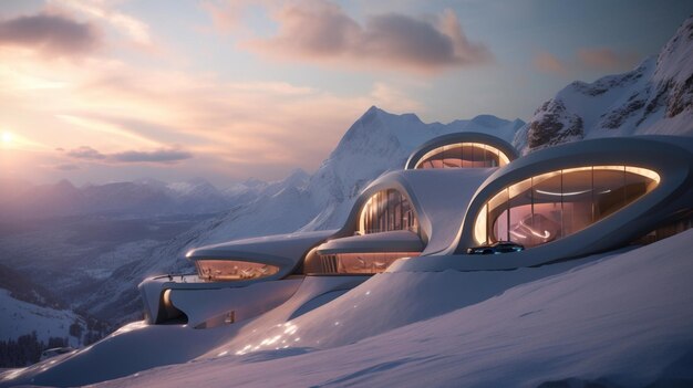 A house in the snow with the mountains in the background