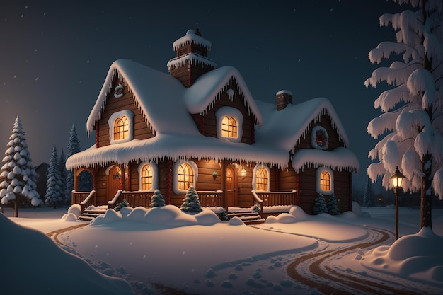 A house in the snow with a snow covered roof