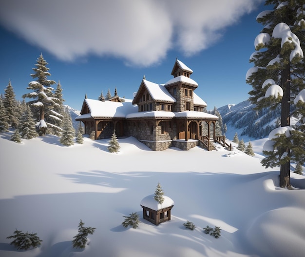 A house in the snow with snow on the roof