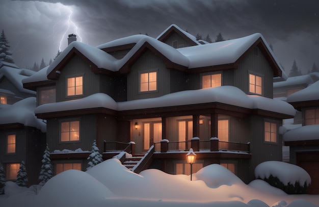 A house in the snow with a snowy sky behind it