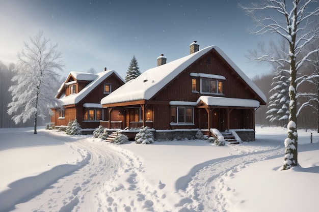 A house in the snow with the word winter on it