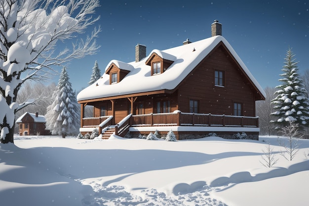 A house in the snow with the words winter in the middle