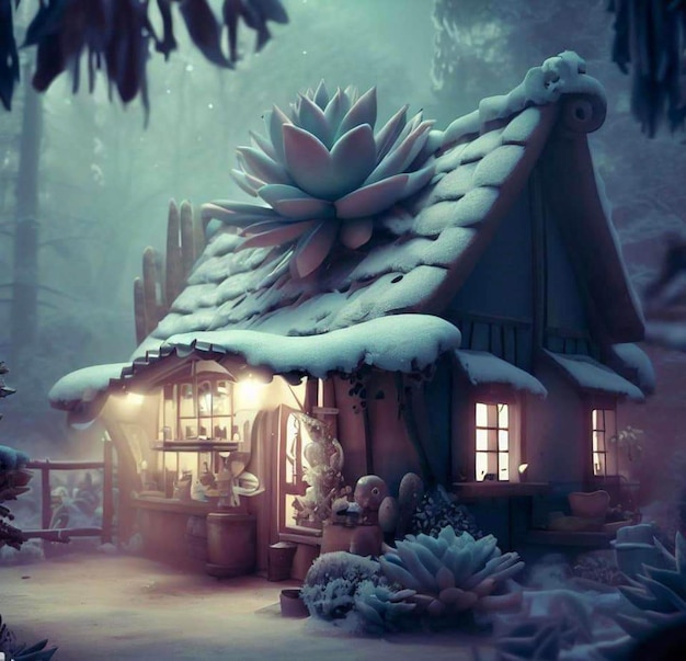 A house in a snowy forest with a flower on the roof.