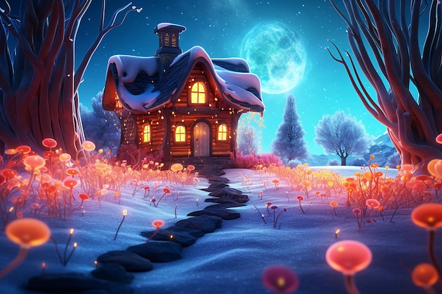 A house in a snowy forest with a snowy path and a glowing moon in the background.