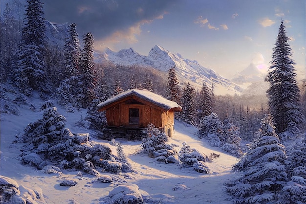 Photo house in the snowy mountains digital art illustration