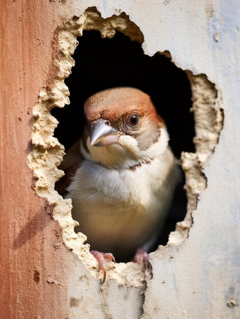 写真 ハウス・スパロウの雌鳥が夏に家の側の穴に入る